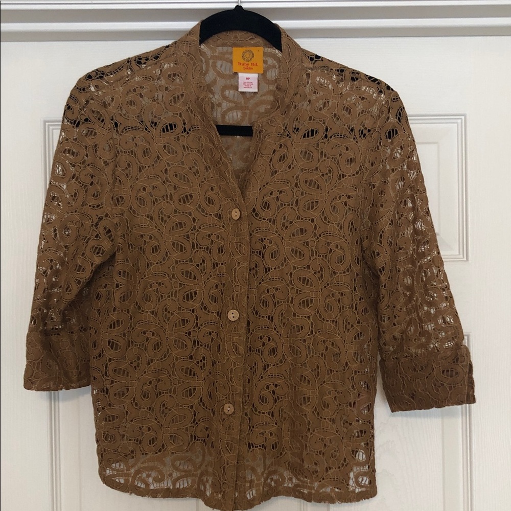 Ruby Rd. Lace Button-Down Shirt Blouse Short Sleeves in Camel Size SP